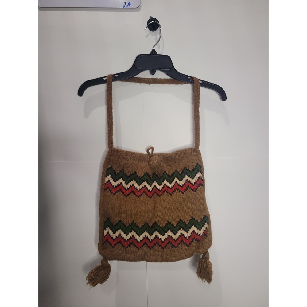 Zwicker knit bag, protective lining, brown with green/white/red zig zag, Vintage